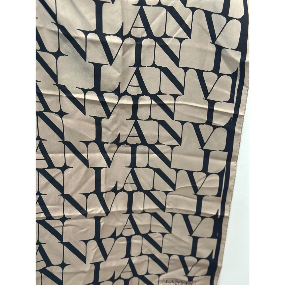 Lanvin Paris Silk Foulard Scarf Logo Print Beige Black W090151421P5B NWT
